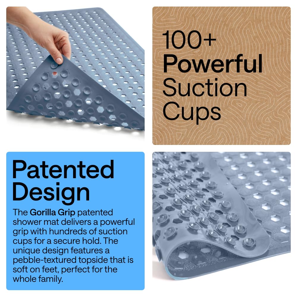GORILLA GRIP Patented Bath Tub Shower Mat, Machine Washable Bathtub Floor Liner Mats, Suction Cups and Drain Holes to Keep Tubs Clean, Soft on Feet, Bathroom Essentials, 35x16 Inch, Clear