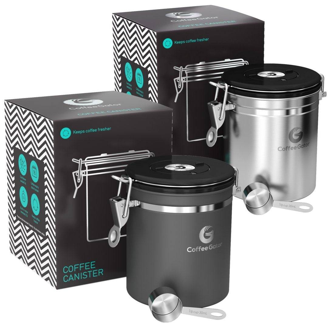 Coffee Gator Stainless Steel Canister - Medium 16oz, Gray Coffee Grounds and Beans Container with Date-Tracker, CO2-Release Valve, and Measuring Scoop - Ideal Coffee Lovers Gifts