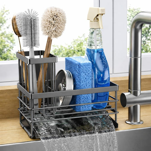 Cisily Sink Caddy Sponge Holder for Kitchen with Brush Holder and Stainless Steel Self Drain Tray, Rustproof Kitchen Sink Organizer for Sponge, Soap Dispenser Storage Accessories (Black)