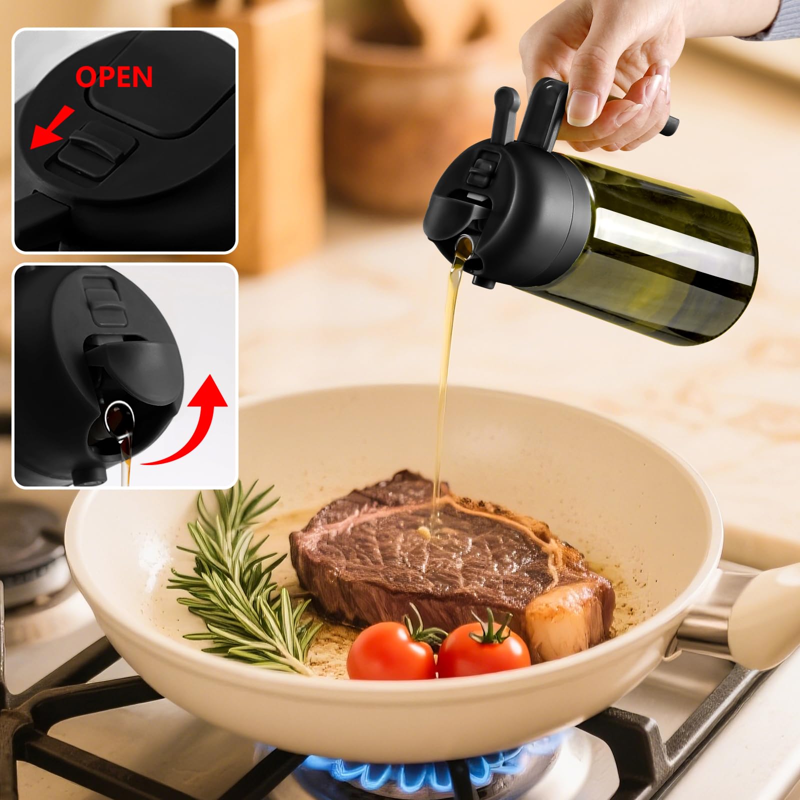 SWEET VIEW Olive Oil Dispenser and Oil Sprayer – 16oz/470ml Glass Light-Proof Oil Pourer for Kitchen, Air Fryer, Cooking, Salad, and BBQ