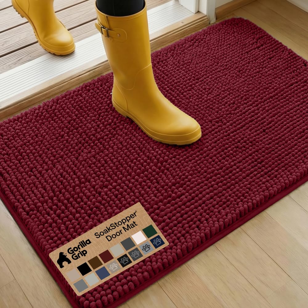GORILLA GRIP SoakSTOPPER Dog Door Mat, Machine Washable Rug Absorbent Doormat Captures Moisture Mud Dirt, Quick Dry Soft Chenille Entryway Rugs Indoor Entrance Mats for Dog Paws, 24x17 Grey