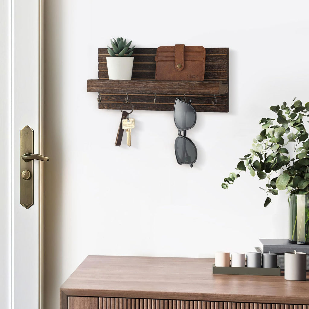 Decorative Key Holder for Wall with Shelf, Entryway Shelf with Hooks Holds Leashes, Jackets and Glasses – Sturdy Wood Keyholder Entrance Hanger with Mounting Hardware (Black, Medium)