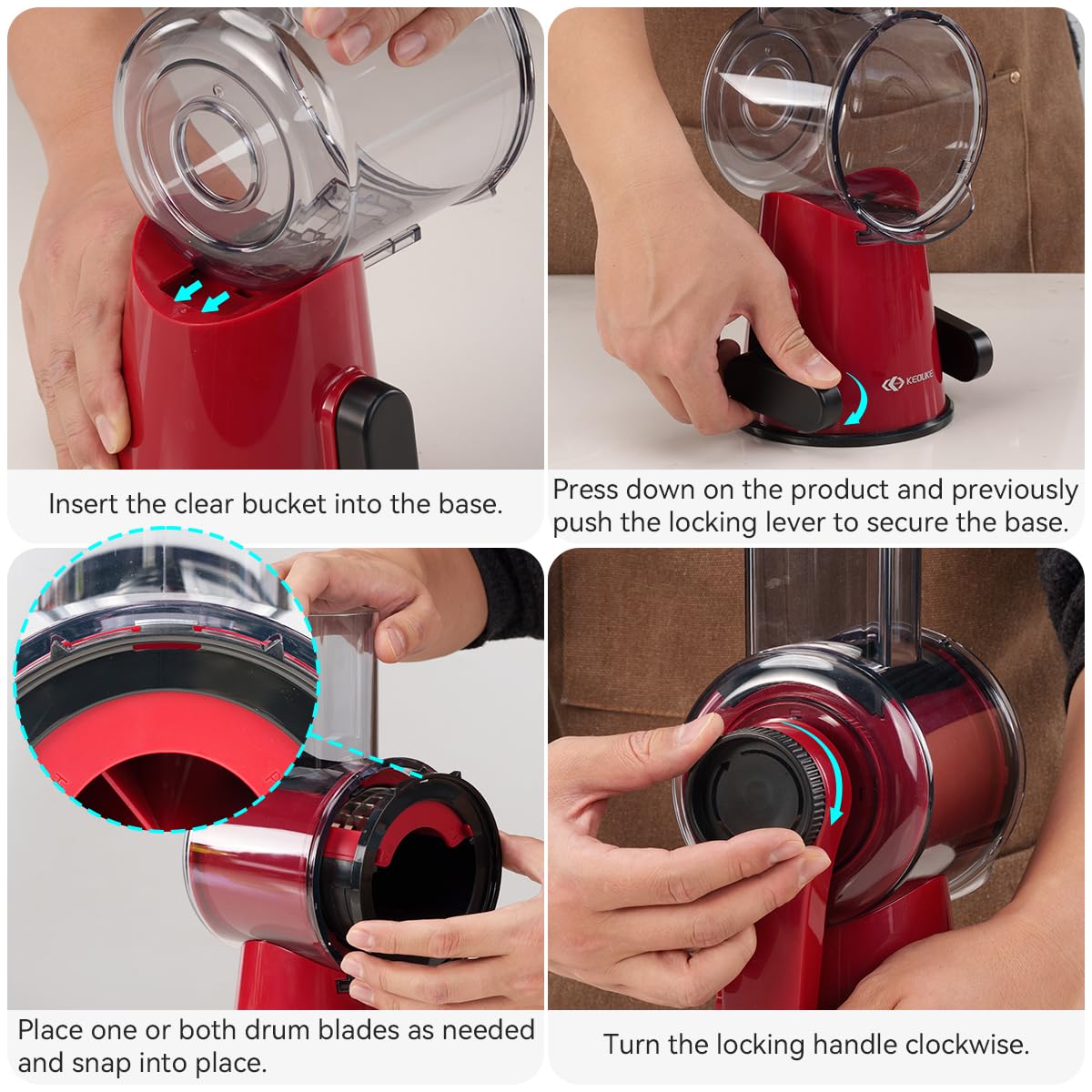 KEOUKE Hand Crank Vegetable Chopper & Slicer Red - 2 in 1 Manual Vegetable Cutter with Cleaning Tools, Non-Slip Suction Base, Safety Pusher, Labor-Saving, for Potato, Carrot, Onion, etc