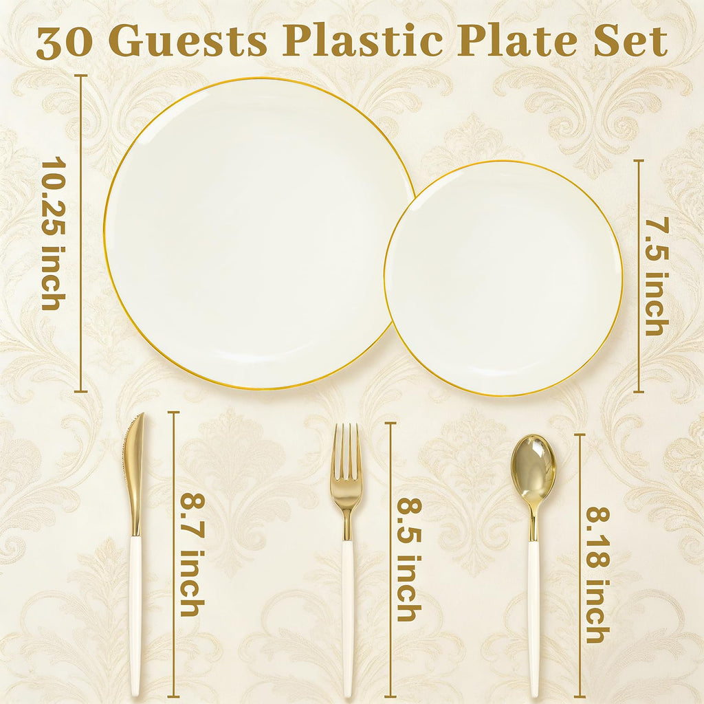 DaYammi 150Pcs Ivory Plastic Plates with Gold Rim,Disposable Plastic Plates Include 30 Dinner Plate,30 Salad Plate,30 Forks,30 Spoons,30 Knives,Ivory and Gold Plates for Party,Wedding,Mother's Day