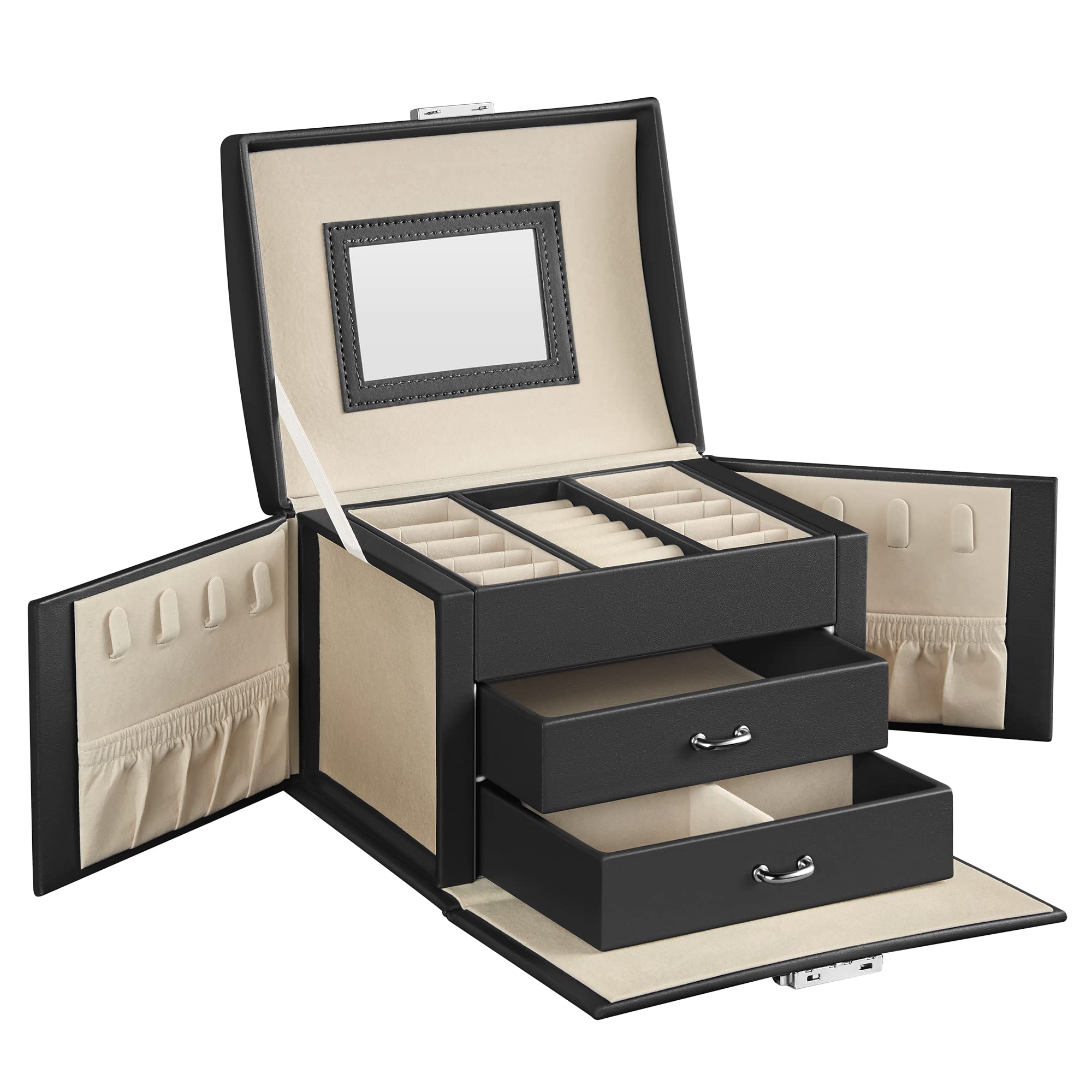 SONGMICS 3-Tier Jewelry Box, Travel Jewelry Case with Handle, 2 Drawers, Lockable Jewelry Organizer with Mirror, Jewelry Storage, Modern Style, Gift for Loved Ones, White UJBC154W01