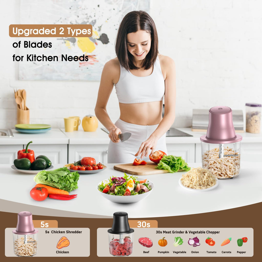 Food Processors, 2 IN 1 Electric Chicken Shredder &Food Chopper with 250W Copper Motor,1.5L Bowls & 2 Bi-Level Blades,One-Touch Electric Chicken Breast Shredder Tool-Smart Overheat Protection