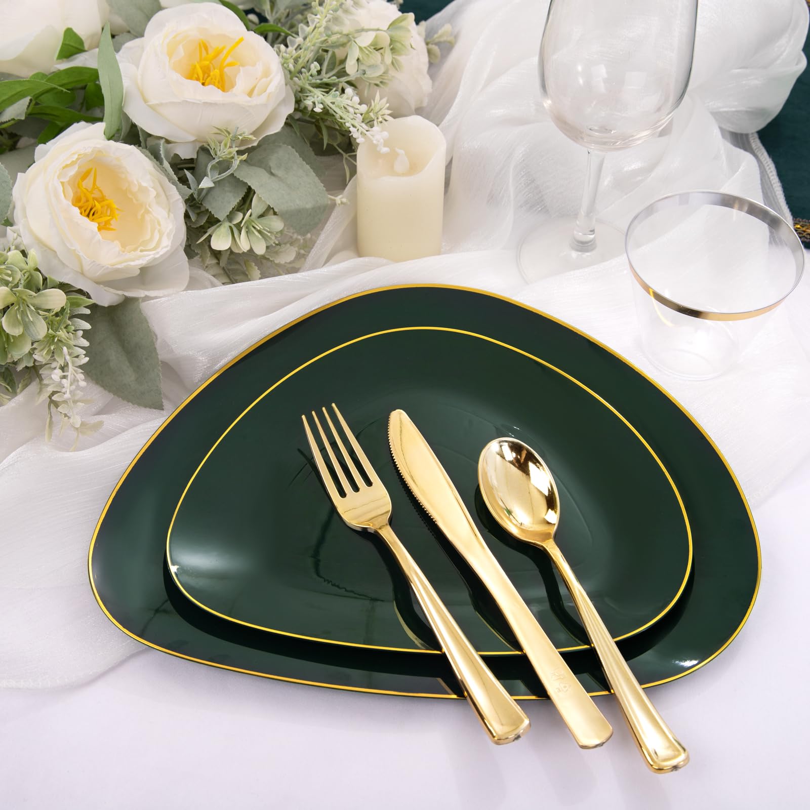 DaYammi 210Pcs White Gold Plastic Plates for Party,Gold Disposable Dinnerware Set Includes 60 gold Floral Plates,30 Plastic Silverware,30 Per Rolled Napkins,30 Cups for Mother's Day Party Wedding