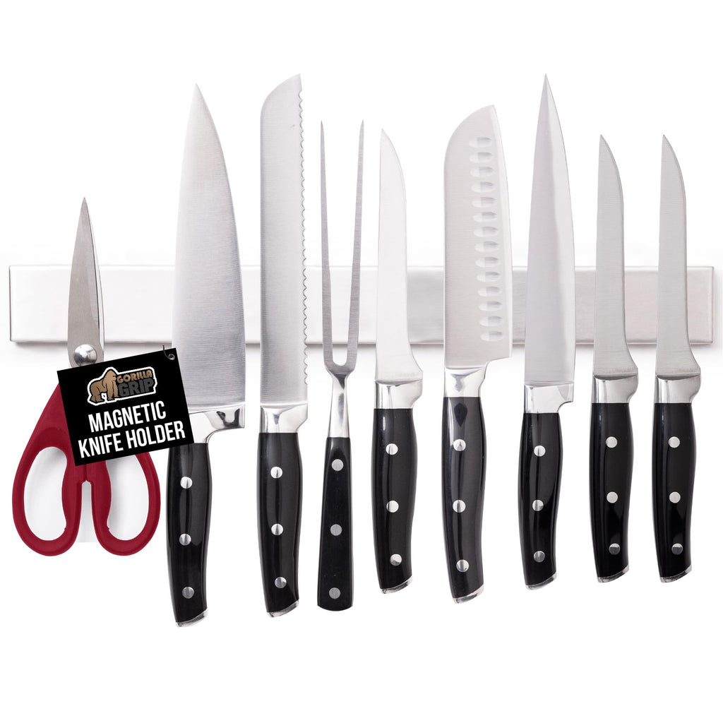 GORILLA GRIP 304 Stainless Steel Magnetic Knife Holder for Wall, Magnet Bar for Knives, Tools, Heavy Duty Metal Strip Holds Up to 6 lbs, Kitchen Home Organizer, 10 in, Non-Adhesive, Drilling Required