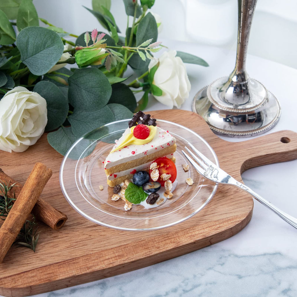 DaYammi 240Pcs Dessert Plates Include 120Pcs Gold Cake Plates 6.3inch with 120Pcs Gold Plastic Forks 5.7inch,Clear gold plates Disposable Salad Plate for Party Appetizer Plate for Wedding Birthday
