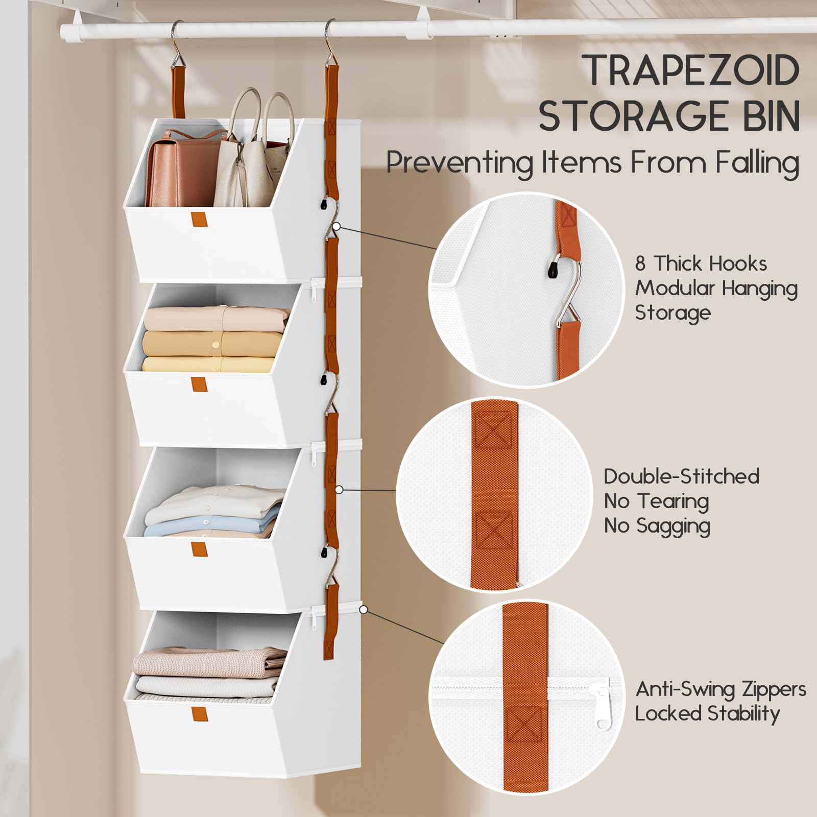 Homsorout Hanging Closet Organizer 4 Tier - Clothes Hanging Shelves, Space-Saving Closet System, Fabric Storage Bins Bedroom Organization, Collapsible Baskets for Home, Dorm, Rv, Beige
