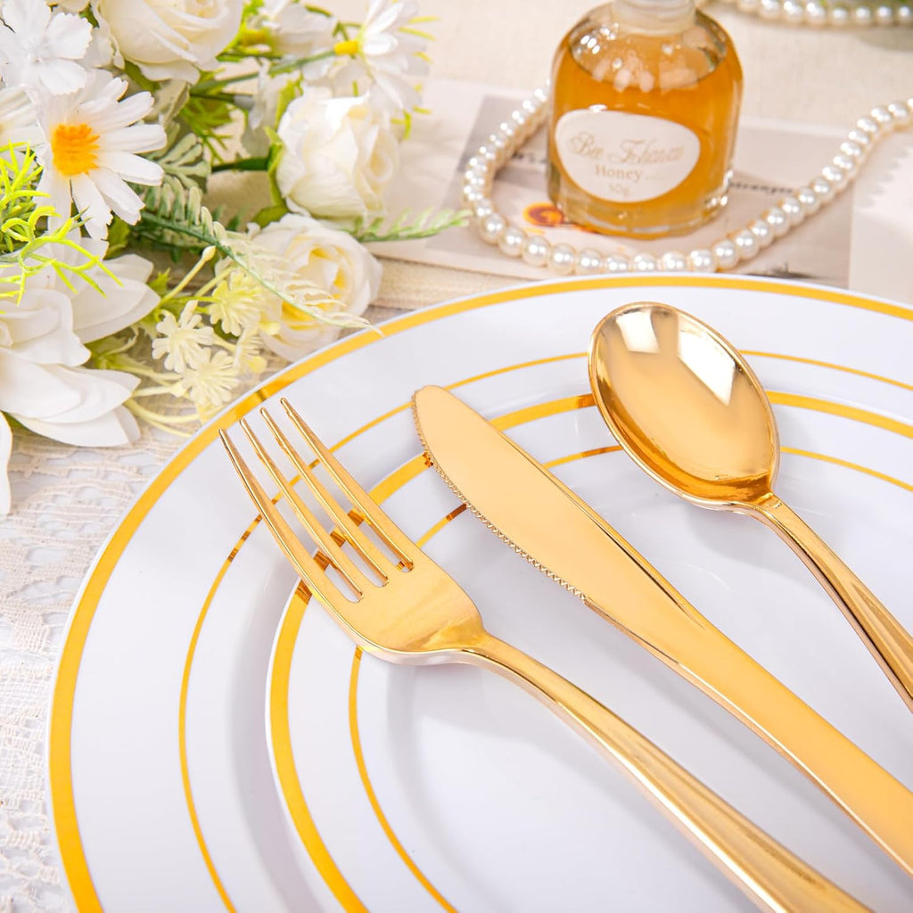 DaYammi 100 Guests Gold Plastic Dinnerware Sets, Includes: 100 Gold Rim Dinner Plates, 100 Salad Plates, 100 Gold Plastic Silverware Set, Perfect for Wedding