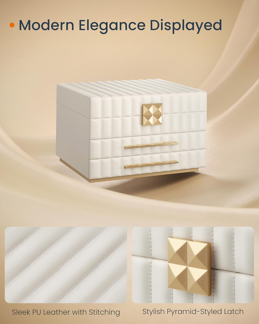 SONGMICS HOME 3-Tier Jewelry Box with Mirror, Jewelry Organizer with 2 Drawers, PU Surface with Stitching, Floating Effect, 8.5 x 9.4 x 6.2 Inches, Cloud White, ANAH Collection UJBC183W01