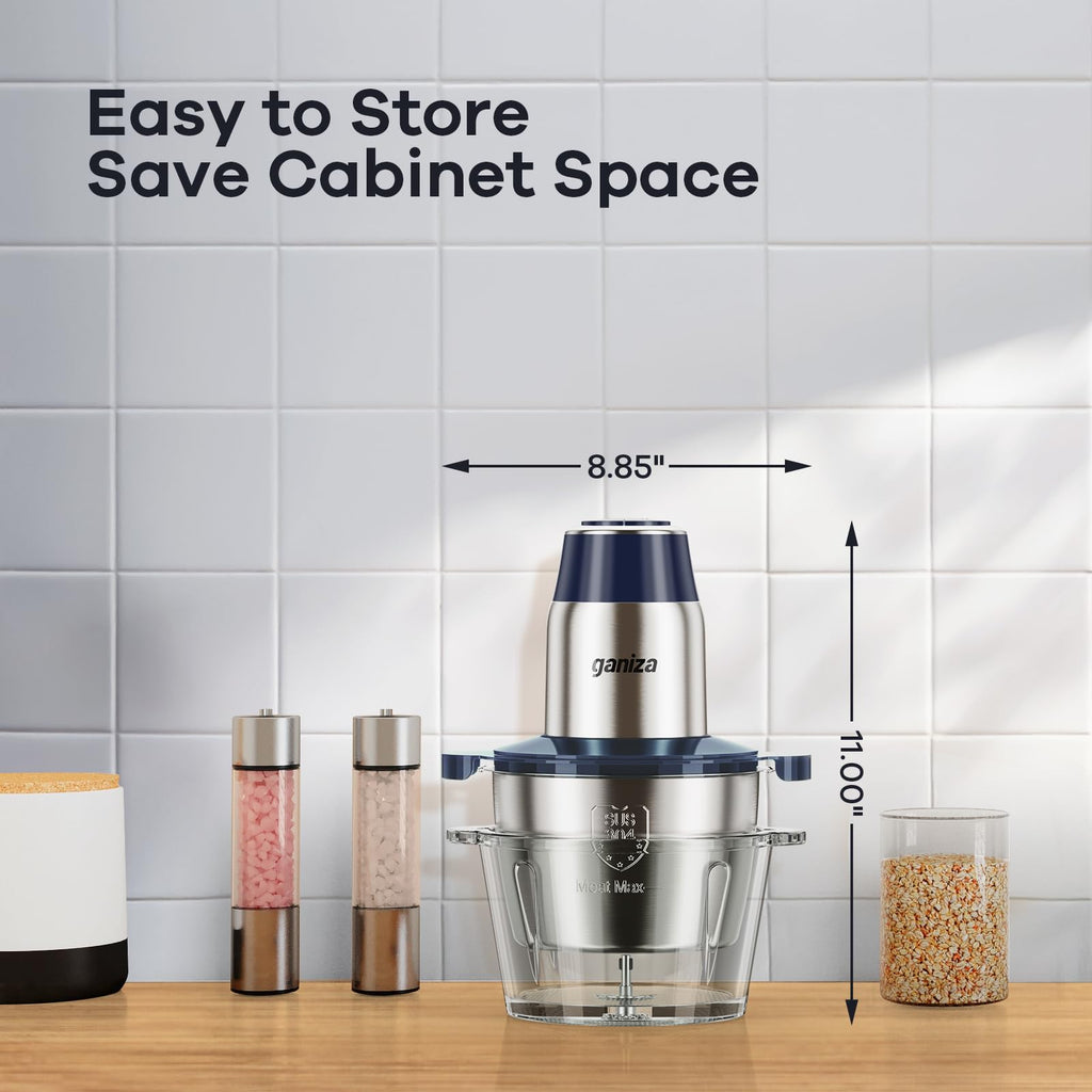 GANIZA Procesadores de alimentos, picadora eléctrica de alimentos con picadora de carne y picadora de verduras, 2 cuencos (8 tazas+8 tazas) con potente motor de cobre de 450 W, incluye 2 juegos de