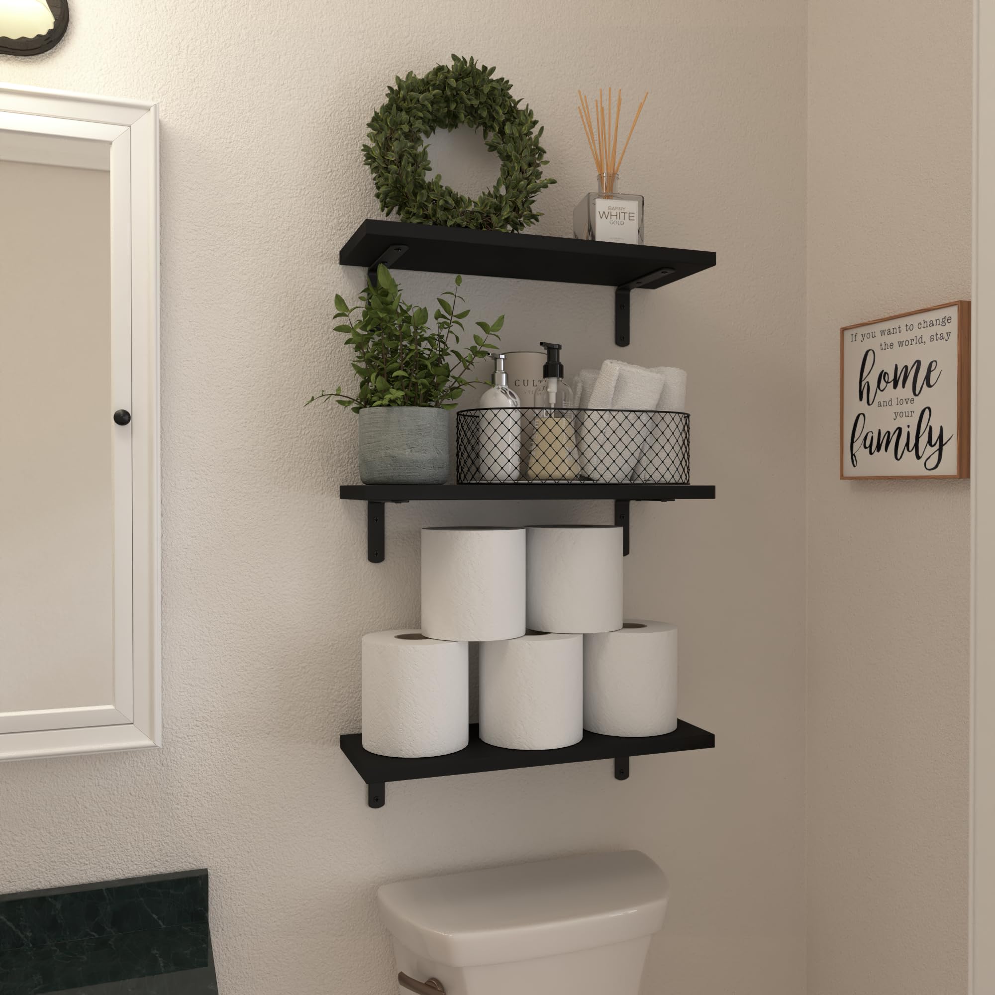 WOPITUES Wood Floating Shelves Set of 6, Shelves for Wall Decor, Farmhouse Shelf for Bedroom, Bathroom Storage Shelves, Book Shelves for Living Room - Rustic Brown