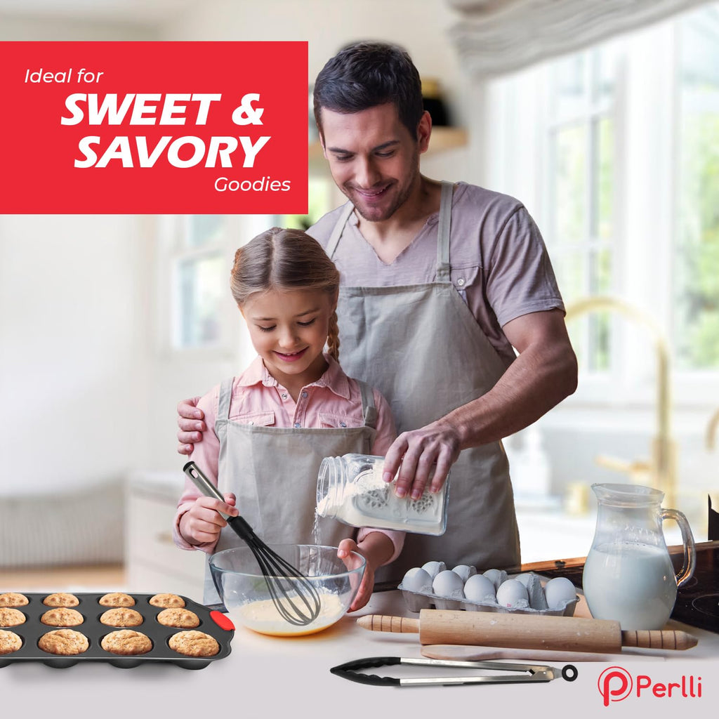 PERLLI Non-Stick 6-Piece Baking Pan Set, BPA-Free Carbon Steel Bakeware Set with Silicone Handles, Stackable Kitchen Oven Set, Cookie Sheet, Baking Tray, Baking Sheet Set, Oven Safe (446°F)