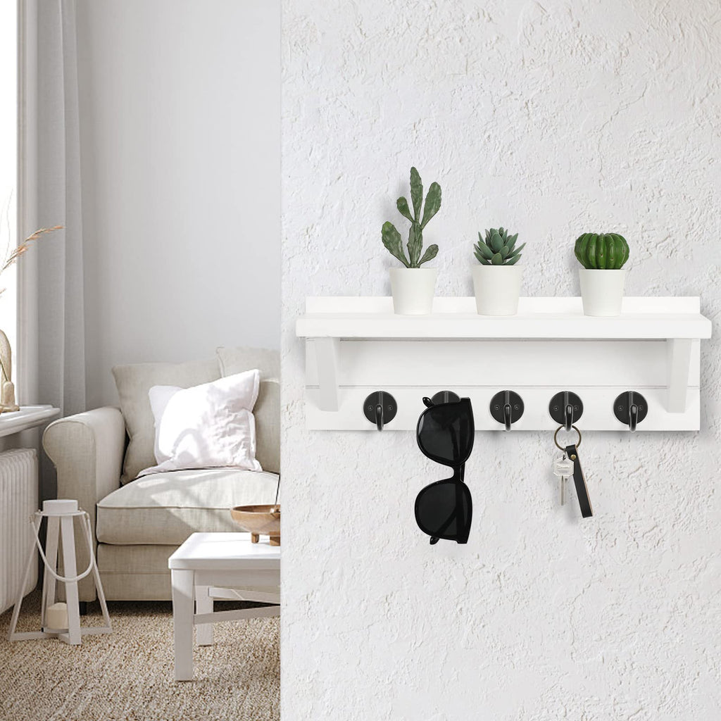 Wall Key Holder with Shelf, Rustic Shelf with Hooks Made of Paulownia Wood Holds Keys, Dog Leash, Bags and More - 13.7" W x 4.7" H x 3.5" D Decorative Key Hanger and Entryway Shelf (Gray)