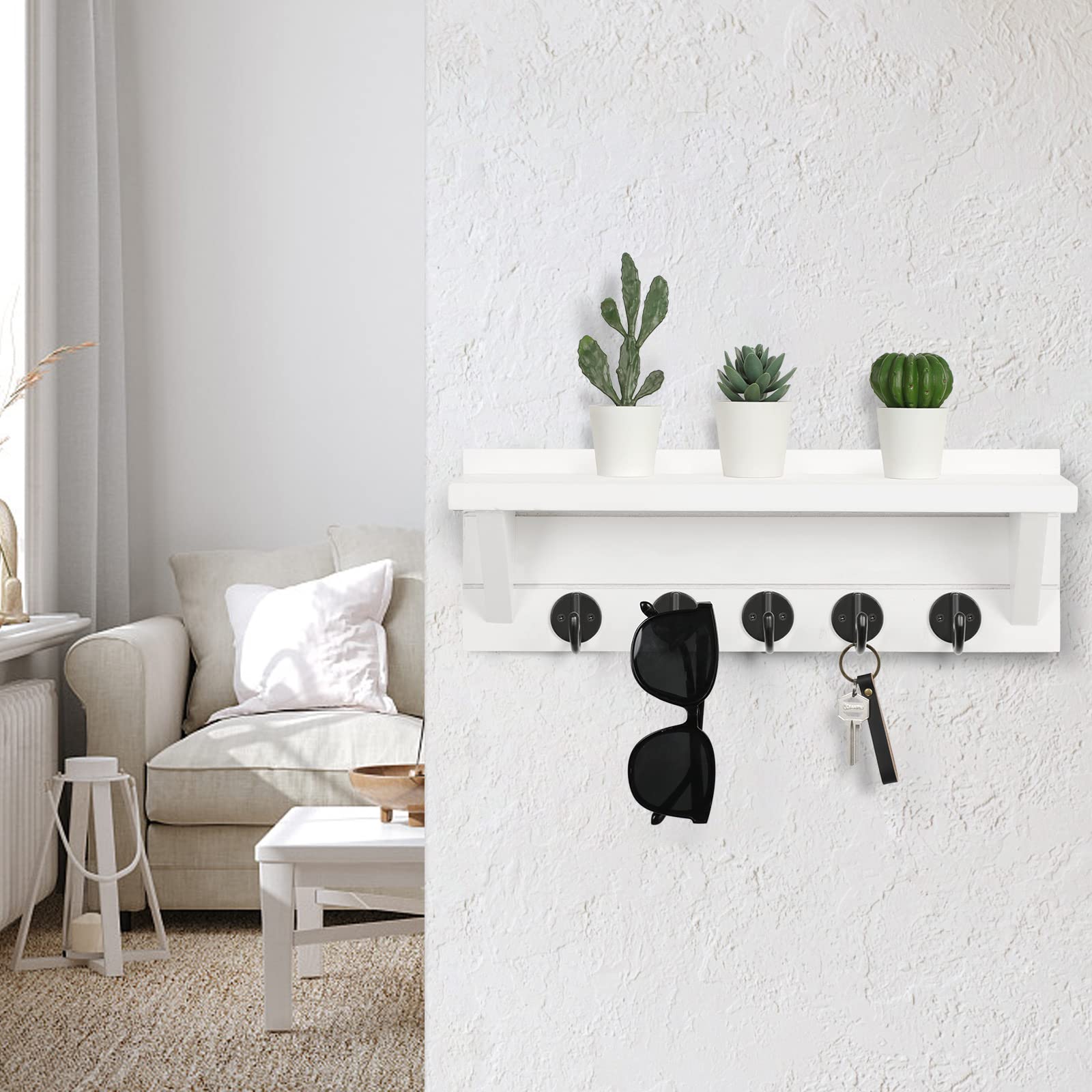 Wall Key Holder with Shelf, Rustic Shelf with Hooks Made of Paulownia Wood Holds Keys, Dog Leash, Bags and More - 13.7" W x 4.7" H x 3.5" D Decorative Key Hanger and Entryway Shelf (Gray)
