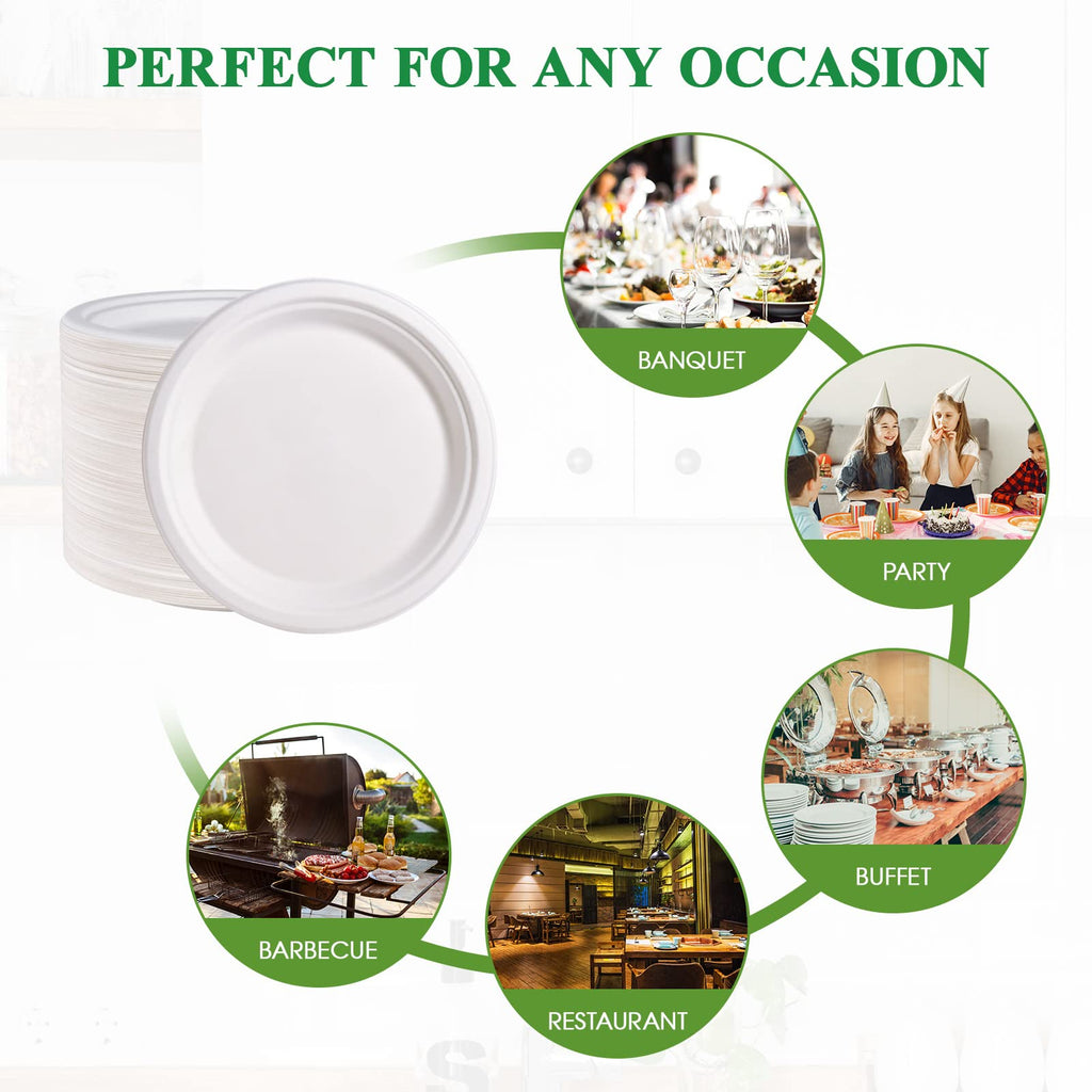 Vplus 150 Pack Paper Plates 9 inch 100% Compostable, Heavy-Duty Disposable Paper Plates Bagasse Natural Biodegradable Eco-Friendly Sugarcane