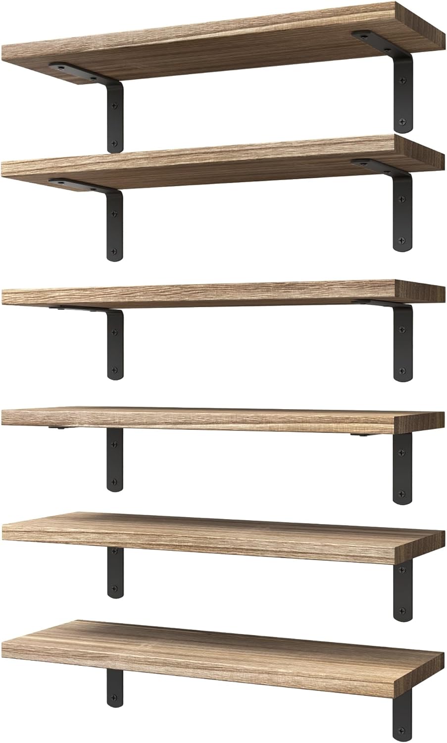 WOPITUES Wood Floating Shelves Set of 6, Farmhouse Style, Floating Shelves for Wall Decor, Bathroom/Bedroom Storage, Heavy Duty, Rust Proof
