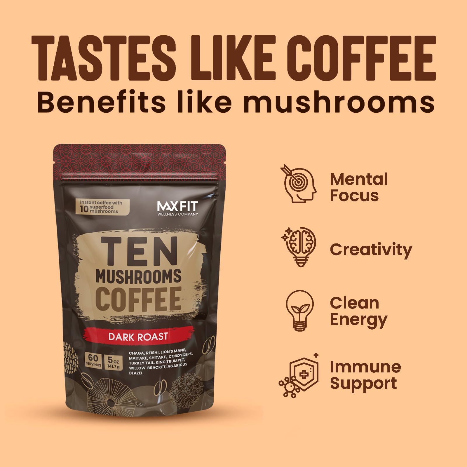 Mushroom Coffee (60 Servings) 10 Mushrooms (Lion’s Mane, Cordyceps, Turkey Tail & Other) Mixed With Gourmet Arabica Instant Immune Boosting Coffee for Focus & Gut Health Support