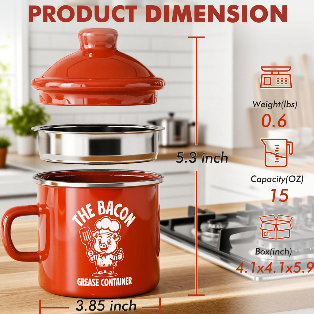 PGYARD Mini Bacon Grease Saver With Strainer - 15OZ Enamel Grease Container, Farmhouse Bacon Grease Keeper For Kitchen Fat Storage, Dishwasher Safe-Red