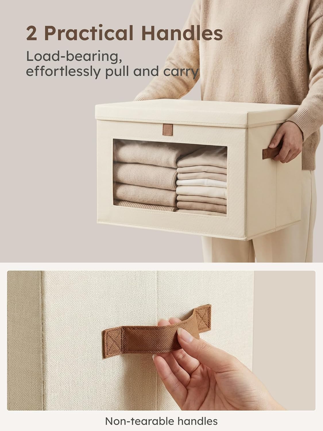 Homsorout Large Closet Storage Organizer - Clothes Storage Bins with Handles & Window, Collapsible Decorative Boxes with Lids, Fabric Containers for Living Room, Dorm, 5 Pack, Beige