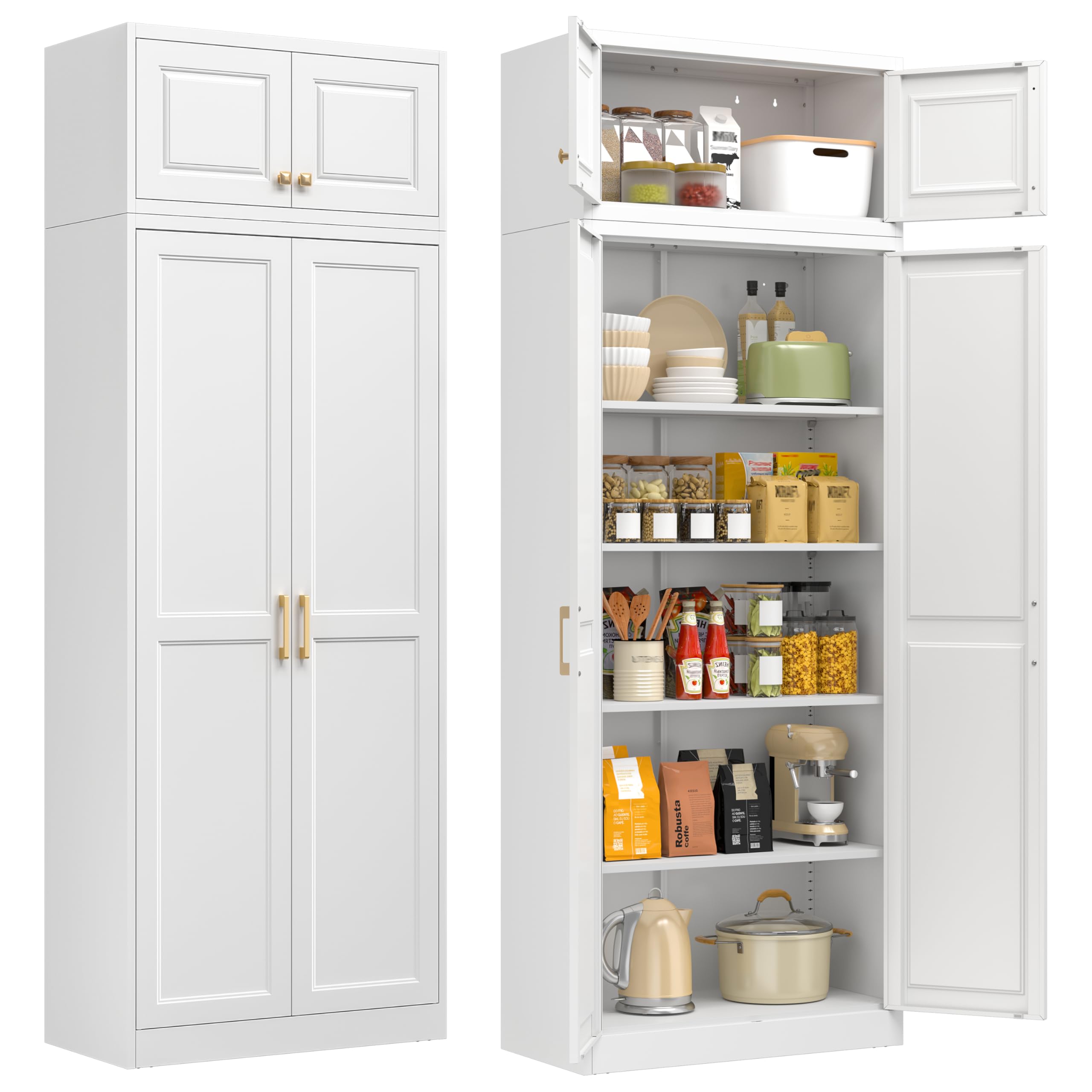 75" Tall Metal Kitchen Storage Cabinet,White Kitchen Pantry Storage Cabinet with Doors and 4 Adjustable Shelves,Utility Cabinet for Living Room,Garage,Dining Room and Office,Assemble Required