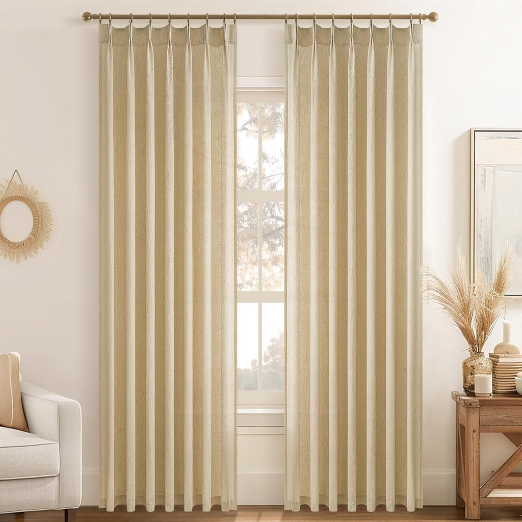 Topfinel Natural Linen Pinch Pleated Curtains 100 Inch Length 2 Panels for Bedroom,Textured Linen Farmhouse Boho Semi Sheer Window Curtain Back Tab Pinch Pleat Drapes with Hooks 100 Inches Long