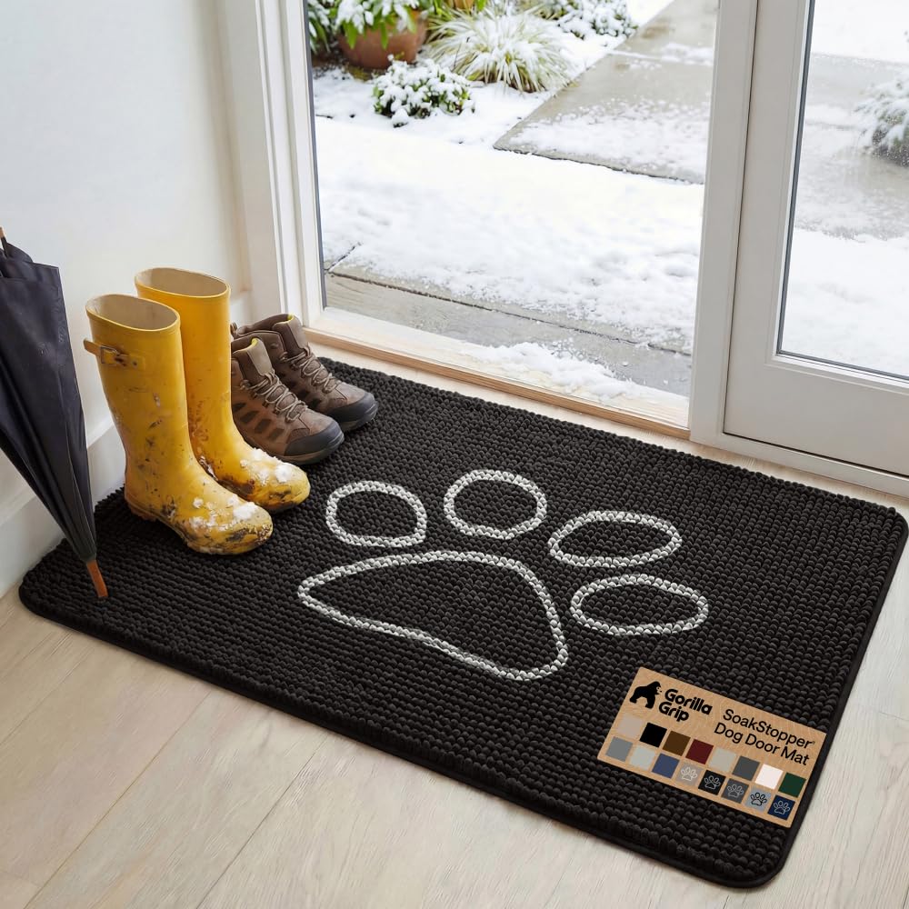 GORILLA GRIP SoakSTOPPER Dog Door Mat, Machine Washable Rug Absorbent Doormat Captures Moisture Mud Dirt, Quick Dry Soft Chenille Entryway Rugs Indoor Entrance Mats for Dog Paws, 24x17 Grey