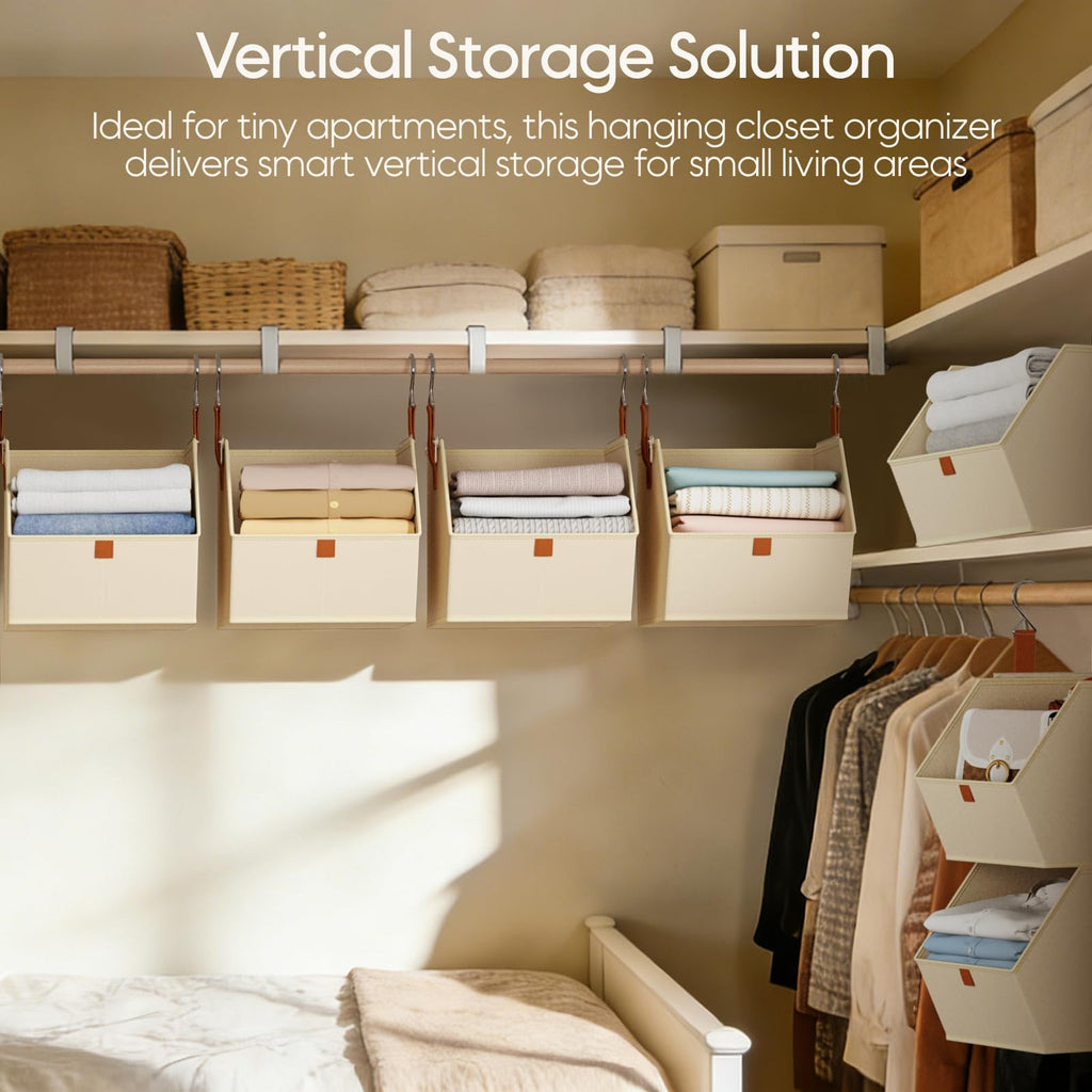Homsorout Hanging Closet Organizer 4 Tier - Clothes Hanging Shelves, Space-Saving Closet System, Fabric Storage Bins Bedroom Organization, Collapsible Baskets for Home, Dorm, Rv, Beige