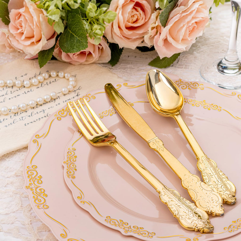 DaYammi 150Pcs Ivory Plastic Plates with Gold Rim,Disposable Plastic Plates Include 30 Dinner Plate,30 Salad Plate,30 Forks,30 Spoons,30 Knives,Ivory and Gold Plates for Party,Wedding,Mother's Day