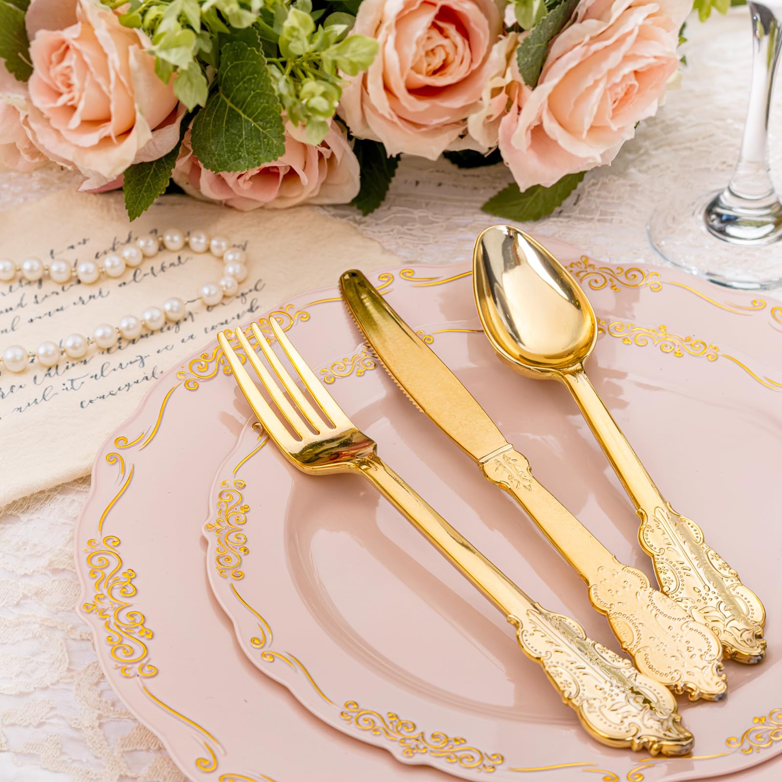 DaYammi 150Pcs Ivory Plastic Plates with Gold Rim,Disposable Plastic Plates Include 30 Dinner Plate,30 Salad Plate,30 Forks,30 Spoons,30 Knives,Ivory and Gold Plates for Party,Wedding,Mother's Day