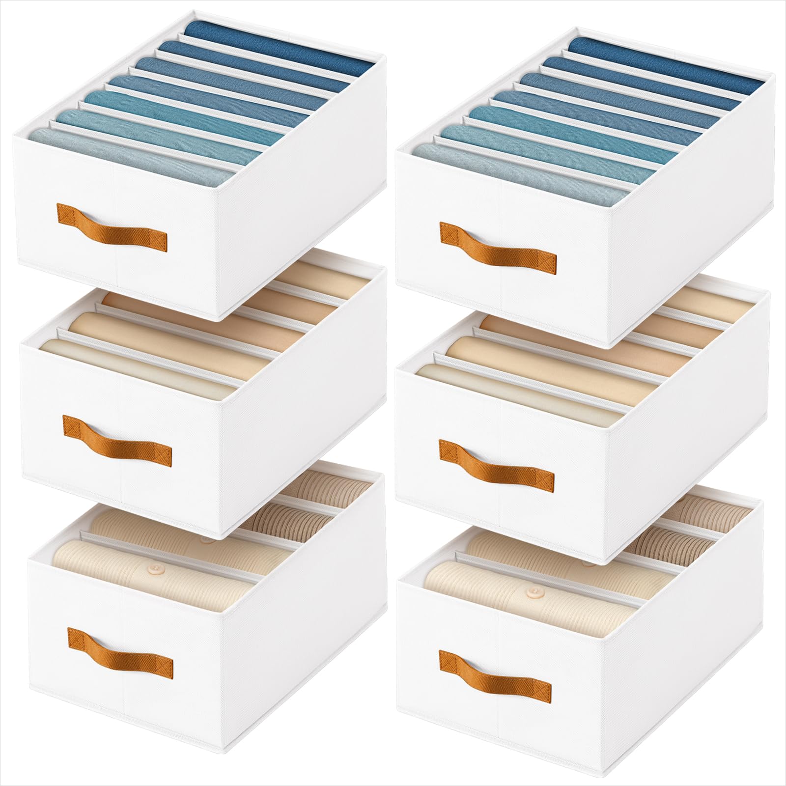 Homsorout Clothes Organizers and Storage - 4/5/7 Grids Fabric Jeans Organizer with Handles, Foldable Closet Organizers Dividers, Wardrobe organizer for Pant, Sweater, T-shirt, Scarf, 6 Pack, Beige