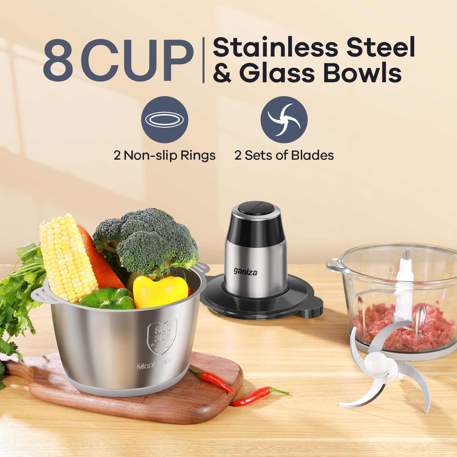 GANIZA Procesadores de alimentos, picadora eléctrica de alimentos con picadora de carne y picadora de verduras, 2 cuencos (8 tazas+8 tazas) con potente motor de cobre de 450 W, incluye 2 juegos de