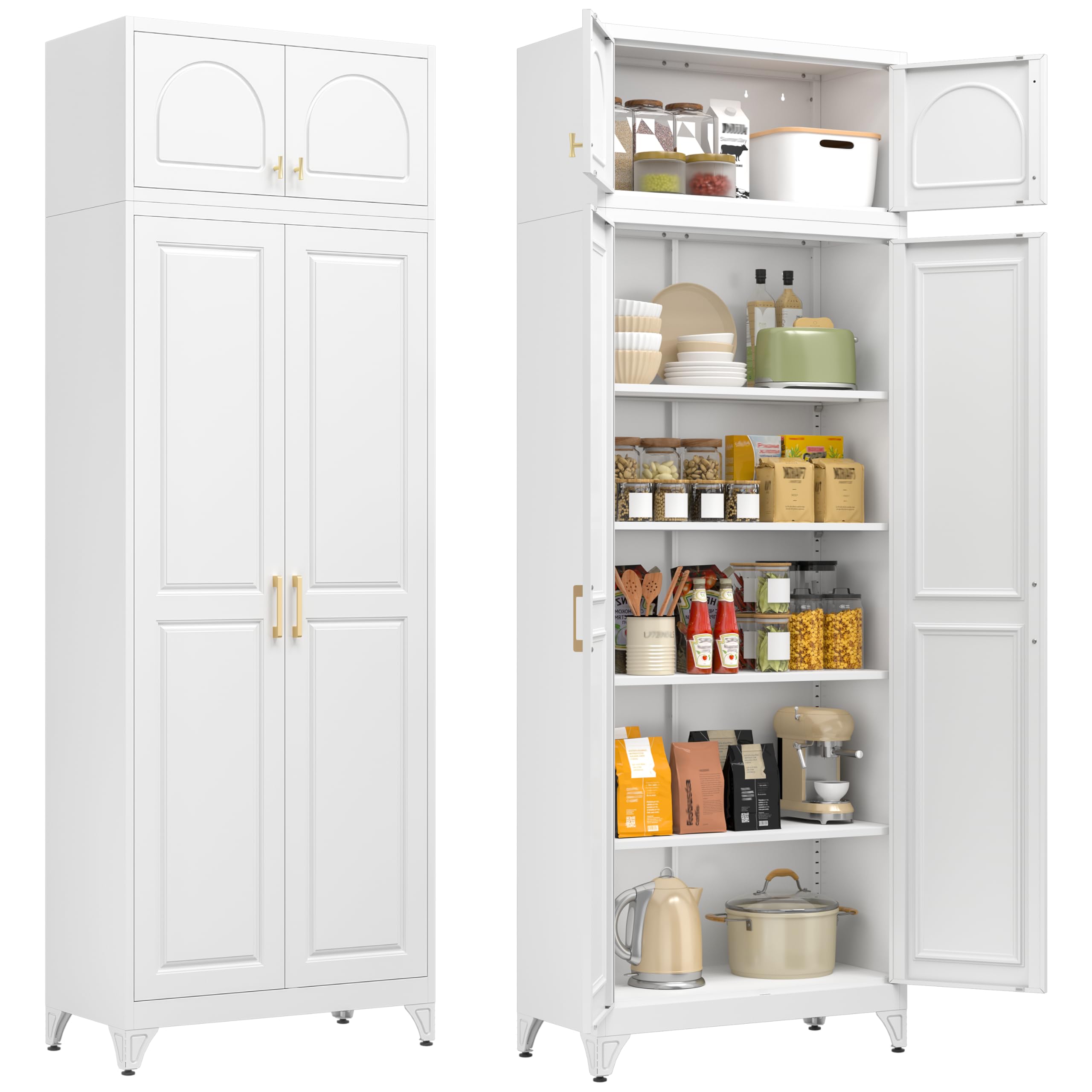 75" Tall Metal Kitchen Storage Cabinet,White Kitchen Pantry Storage Cabinet with Doors and 4 Adjustable Shelves,Utility Cabinet for Living Room,Garage,Dining Room and Office,Assemble Required