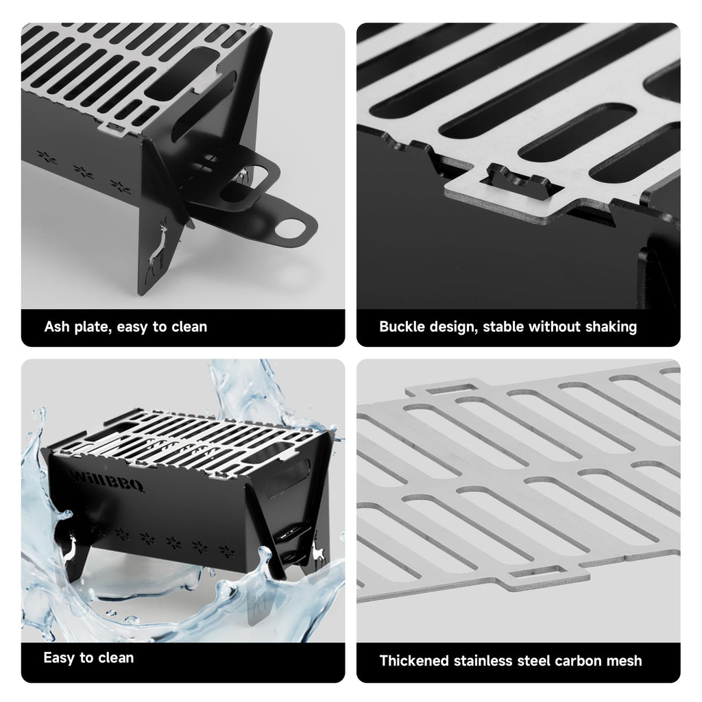 WILLBBQ Charcoal Grills Quality Portable Detachable Folding,Skewers Campfire Grill,Hibachi Backpacking BBQ Grill,Easy Portability For Outdoor Barbecues Camping Picnics Garden Party(15.8x8.5x7.5 inch)