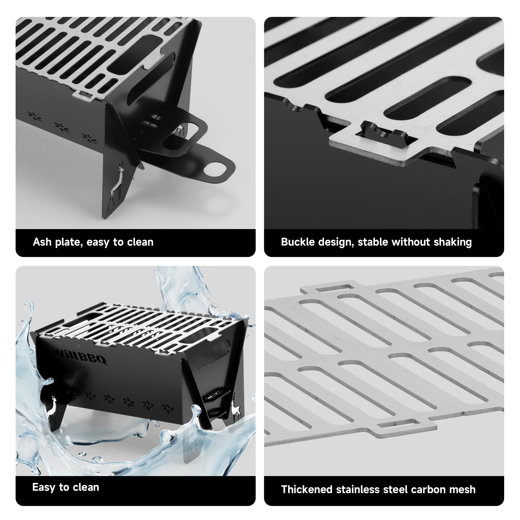 WILLBBQ Charcoal Grills Quality Portable Detachable Folding,Skewers Campfire Grill,Hibachi Backpacking BBQ Grill,Easy Portability For Outdoor Barbecues Camping Picnics Garden Party(15.8x8.5x7.5 inch)