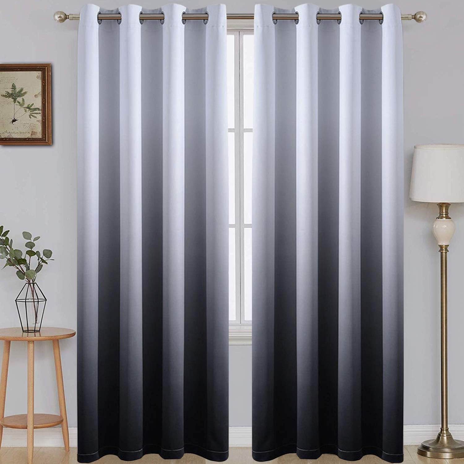 SimpleHome Ombre Room Darkening Curtains for Bedroom, Gradient Black to Grey White Light Blocking Thermal Insulated Grommet Window Curtain/Drapes for Living Room,2 Panels, 52x84 inches Length