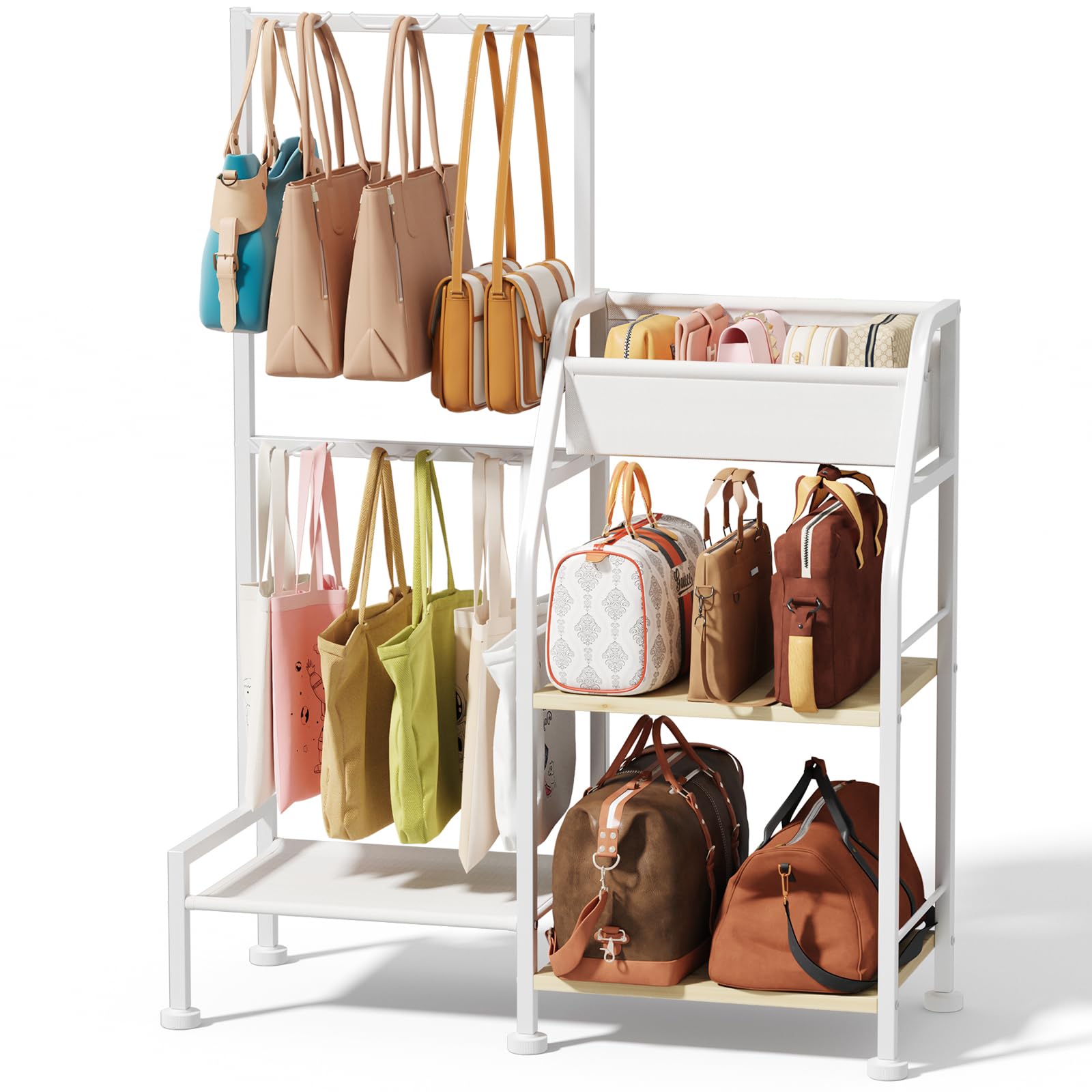 Homsorout Purse Organizer for Closet - Purse Rack Stand with 12 Hooks, 2 Wooden Shelves Purse Storage for Closet, Large Capacity Backpack Storage, Handbag Organizer for Home, Living Room, Black