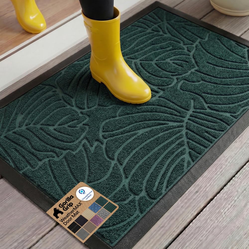GORILLA GRIP 100% Waterproof All-Season WeatherMAX Doormat US Designed Natural Rubber, Stain Fade Resistant, Low Profile Indoor Outdoor Front Door Mats Outside Entrance, Easy Clean 29x17 Gray Diamond