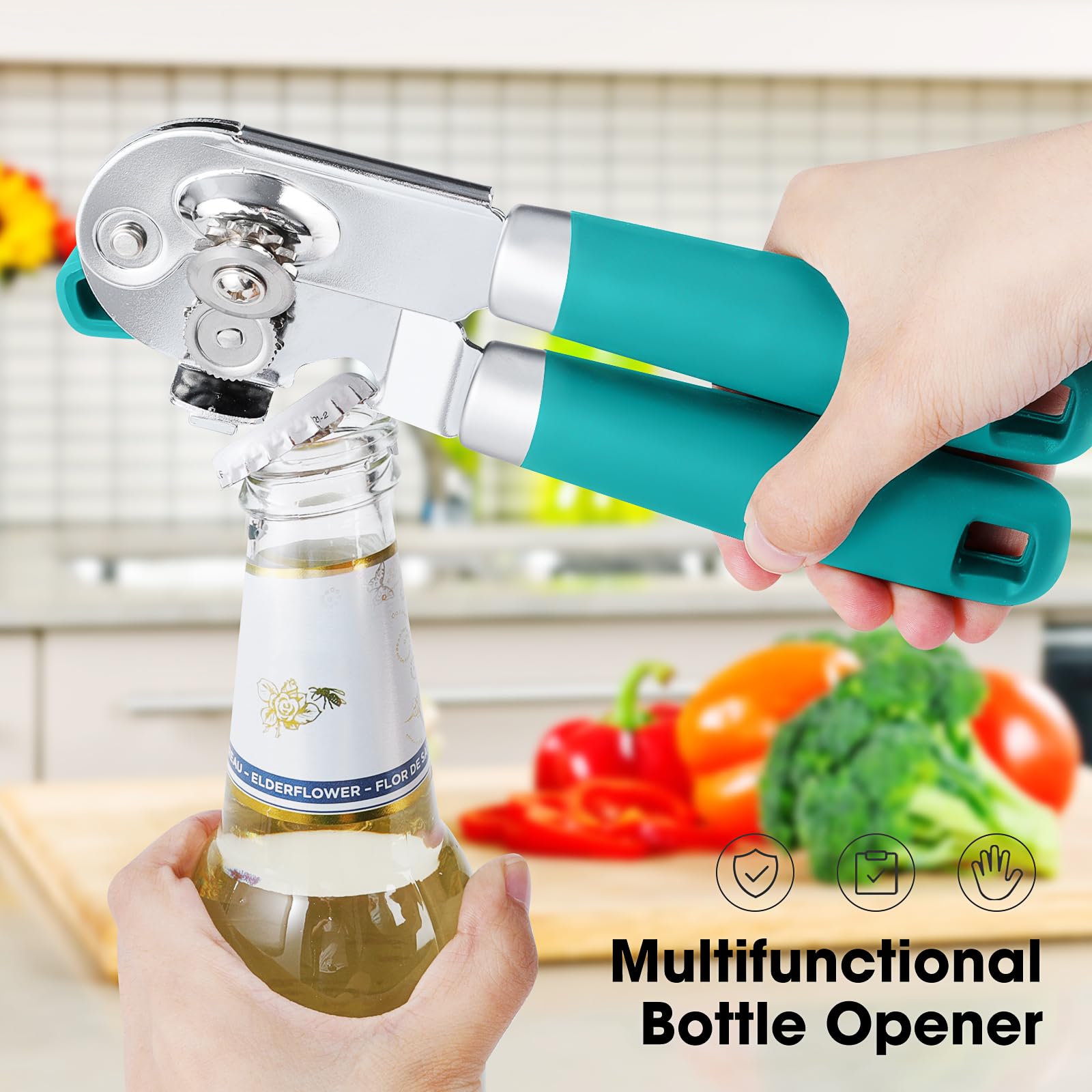 Beneno Heavy Duty Hand Can Opener Manual with Magnet, Durable Sharp Carbon Steel Blade Smooth Cutting, Big Effort-Saving Knob & Soft Grip Handle, Multifunctional Kitchen Tool with Bottle Opener, Green