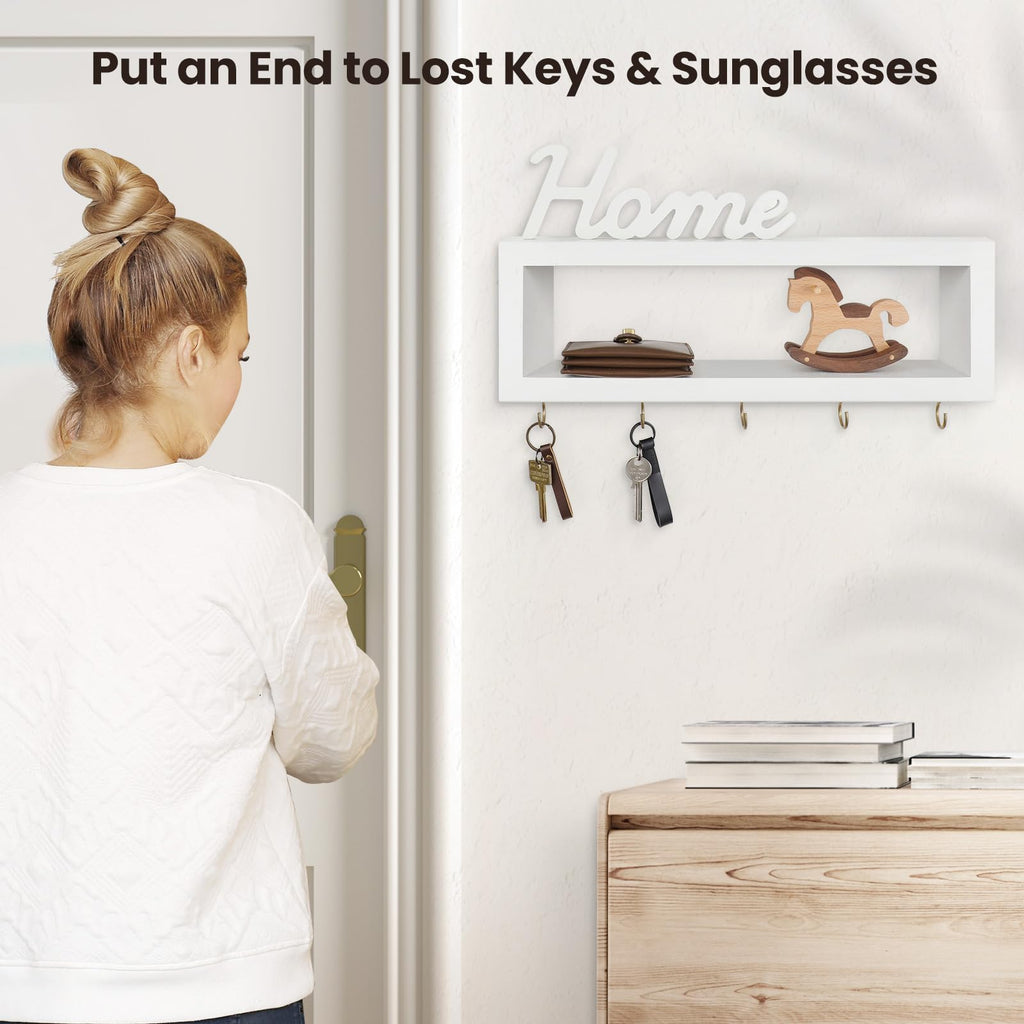 Wall Shelf with Hooks - Decorative Key and Wallet Holder for Wall Holds Sunglasses, Leashes, Scarves and Lanyards - 15.7" x 5.1" x 2.9" Entryway Organizer Made of Paulownia Wood (White)