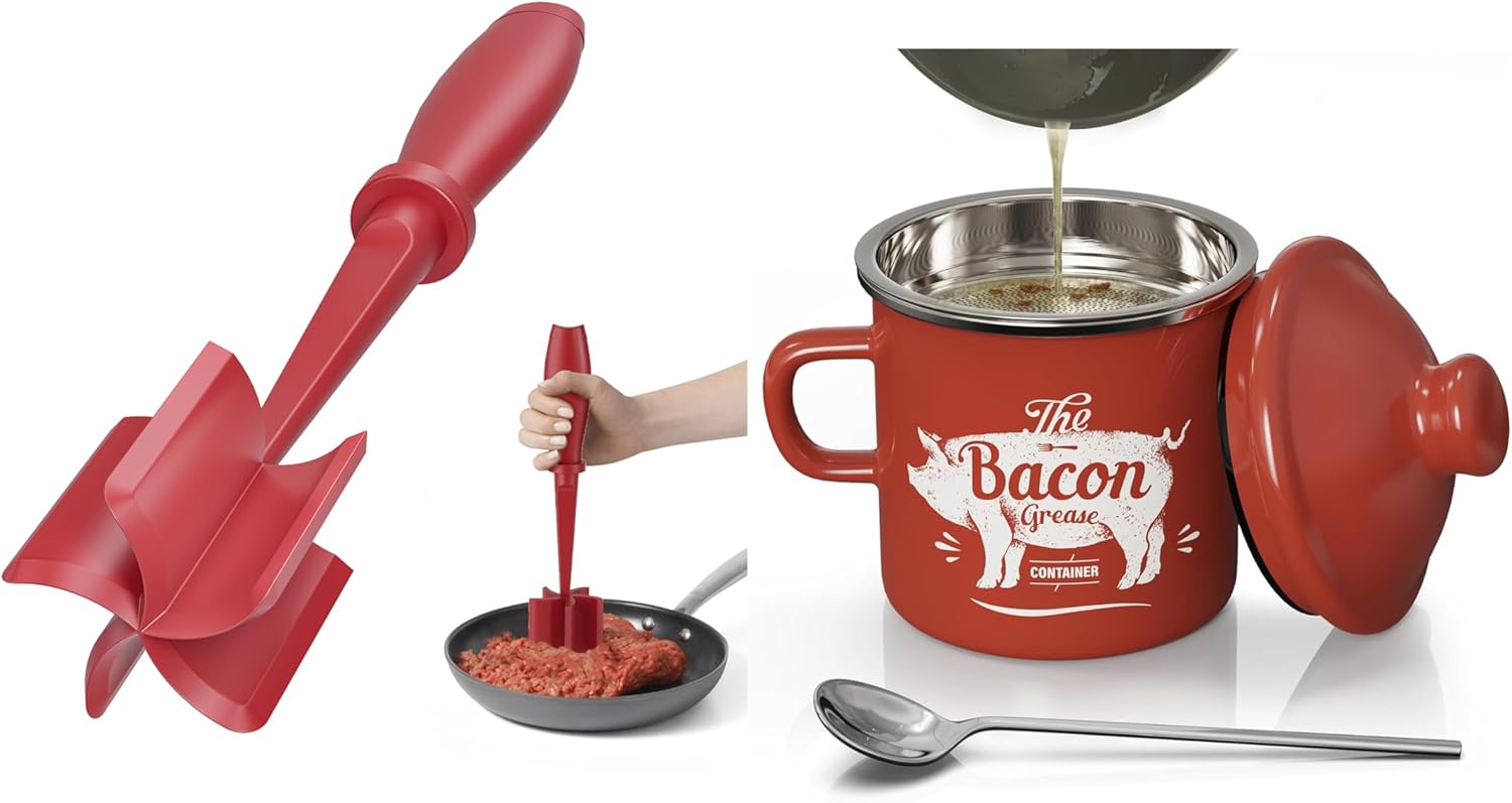 Red Meat Chopper and Red Mini 15OZ Bacon Grease Container