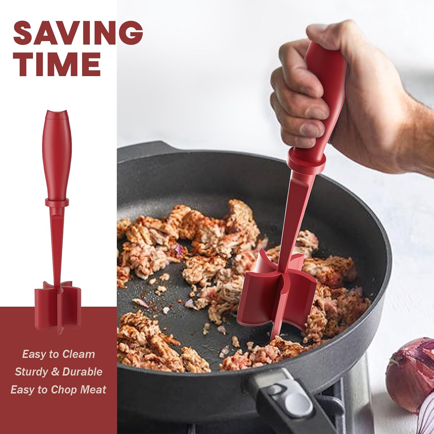 Red Meat Chopper and Red Mini 15OZ Bacon Grease Container