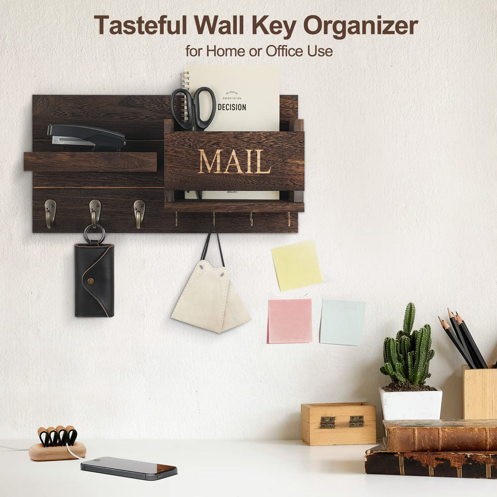 Mail Organizer for Wall Mount – Key Holder with Shelf Includes Letter Holder and Hooks for Hallway Farmhouse Decor – Rustic Wood with Flush Mounting Hardware (16.5” x 9.1” x 3.4”) (White)