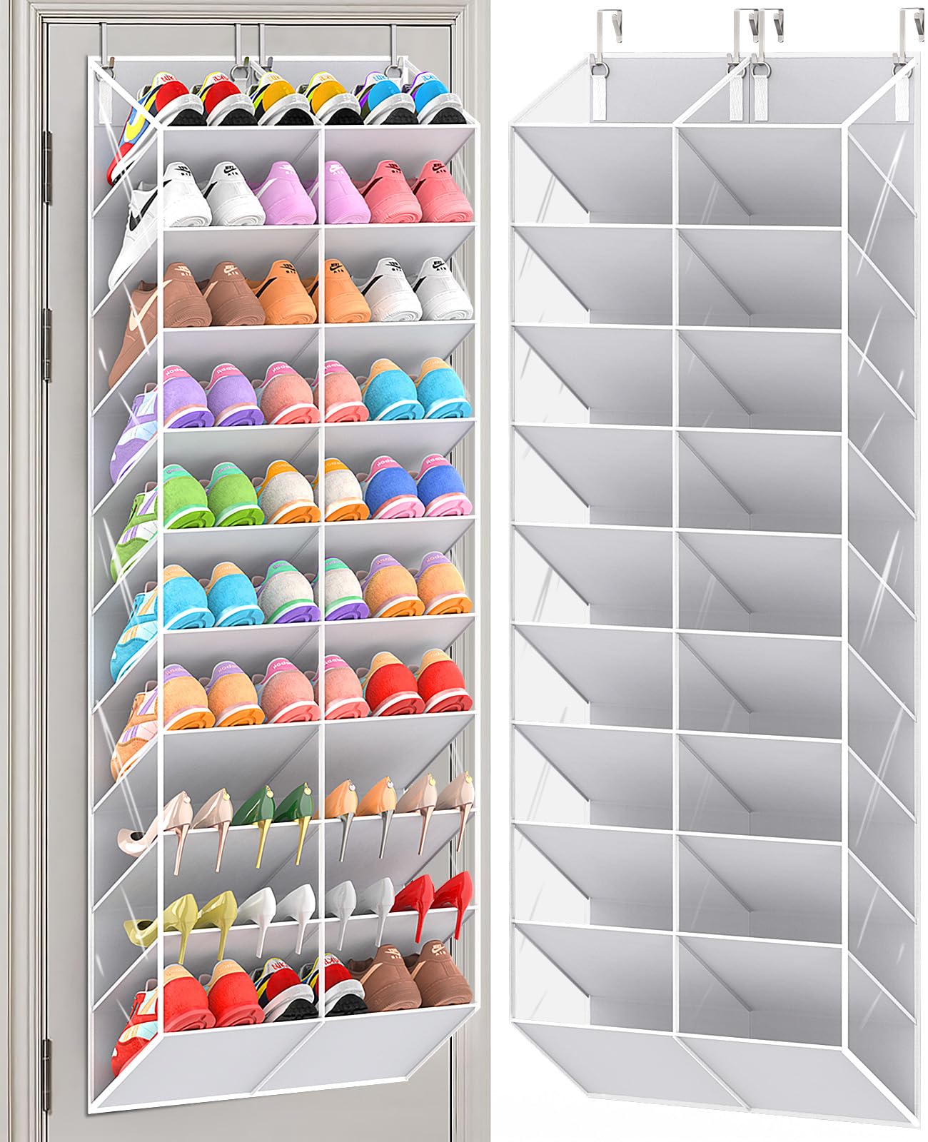 UVIAHOMI 20-30 Pairs Over the Door Shoe Organizer, Clear Pockets Hanging Shoe Storage for Closet, 10-Tier Door Shoes Rack, Handing Shoes Holder Fit All the Family's Sneakers, Boots, Heels, Black