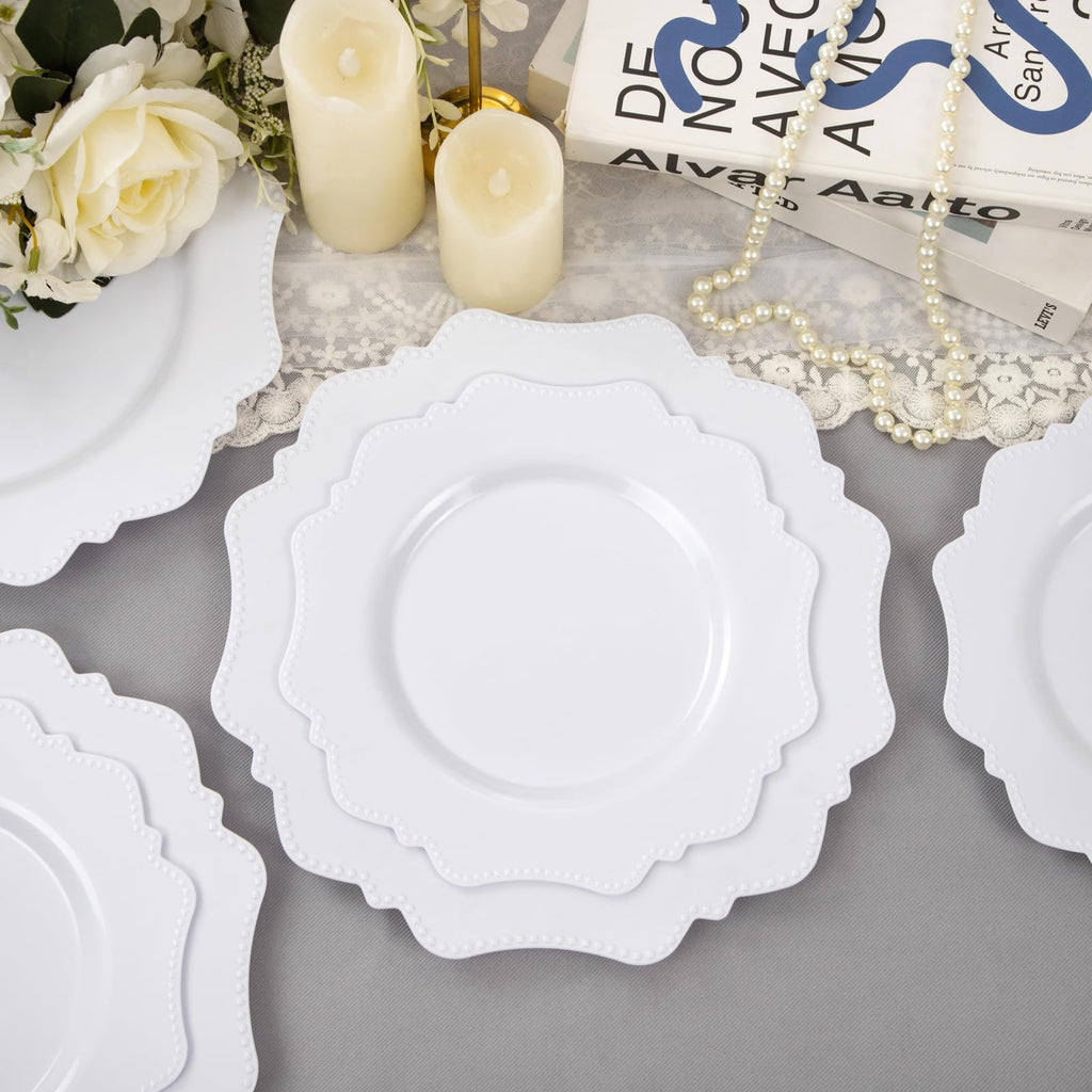 COLOSUS 60PCS White Plastic Plates for 30 guests-Fancy Plastic Beaded Plates,Plastic Plates for Party, Elegant White plates,Include 30 PCS 10.5" Dinner plates & 30PCS 8.25" Dessert plates for easter