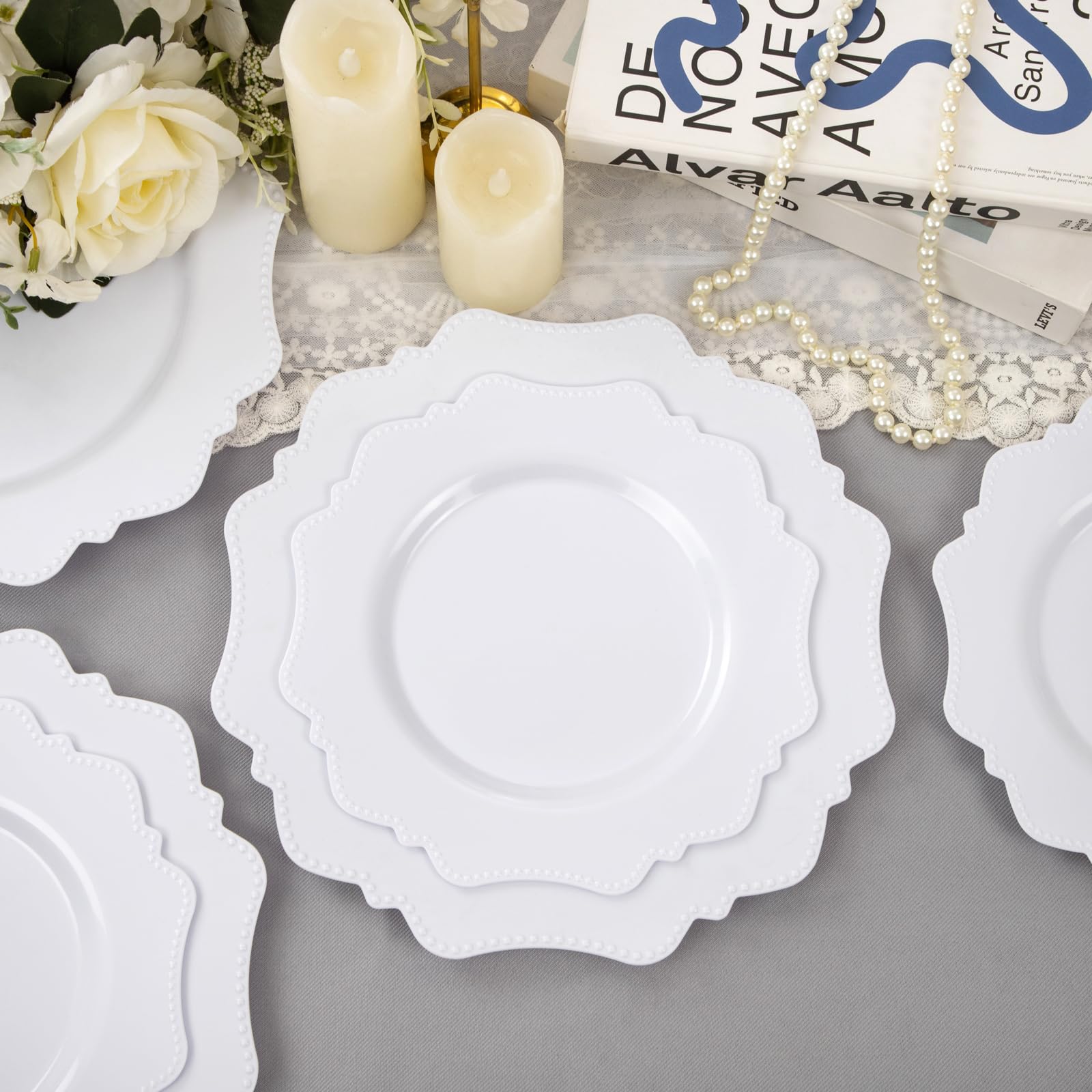 COLOSUS 60PCS White Plastic Plates for 30 guests-Fancy Plastic Beaded Plates,Plastic Plates for Party, Elegant White plates,Include 30 PCS 10.5" Dinner plates & 30PCS 8.25" Dessert plates for easter