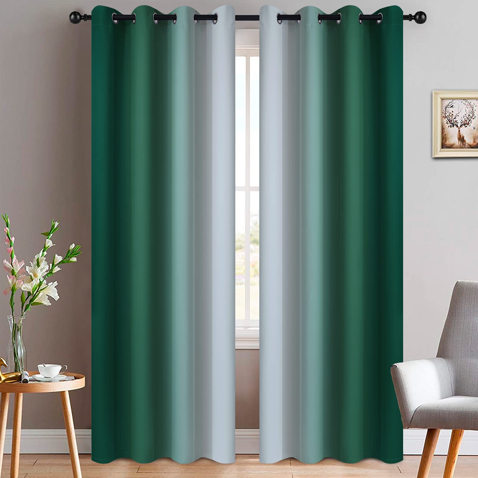 Yakamok Blue and Greyish White Ombre Curtains, Room Darkening Gradient Color Curtains for Bedroom, Light Blocking Thermal Insulated Window Drapes for Living Room(2 Panels, 52x84 Inch)
