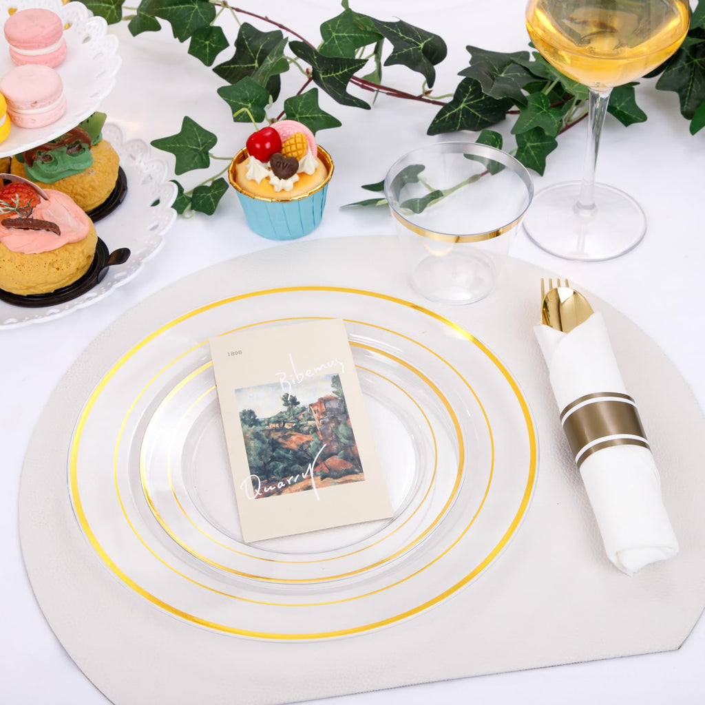 DaYammi 350PCS Gold Plastic Dinnerware Set for 50 Guests, Fancy Disposable Plates for Party, Include: 50 Dinner Plates, 50 Dessert Plates, 50 Pre Rolled Napkins with Gold Silverware, 50 Cups